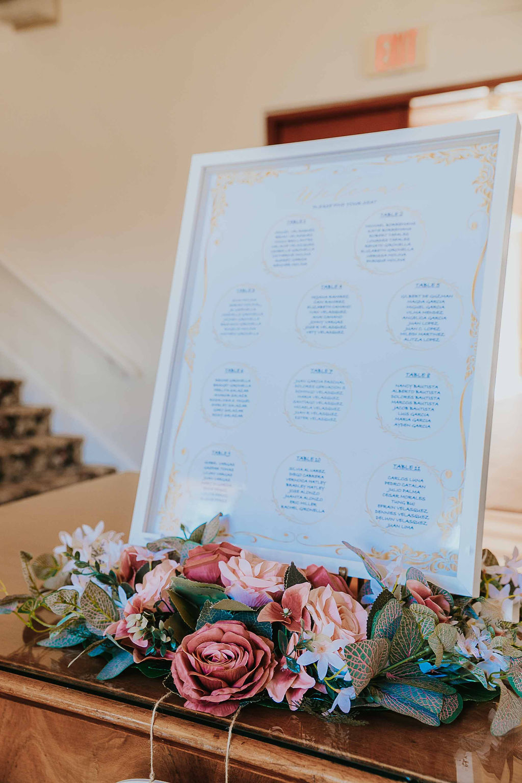 framed seating chart for St Pete Woman's Club wedding