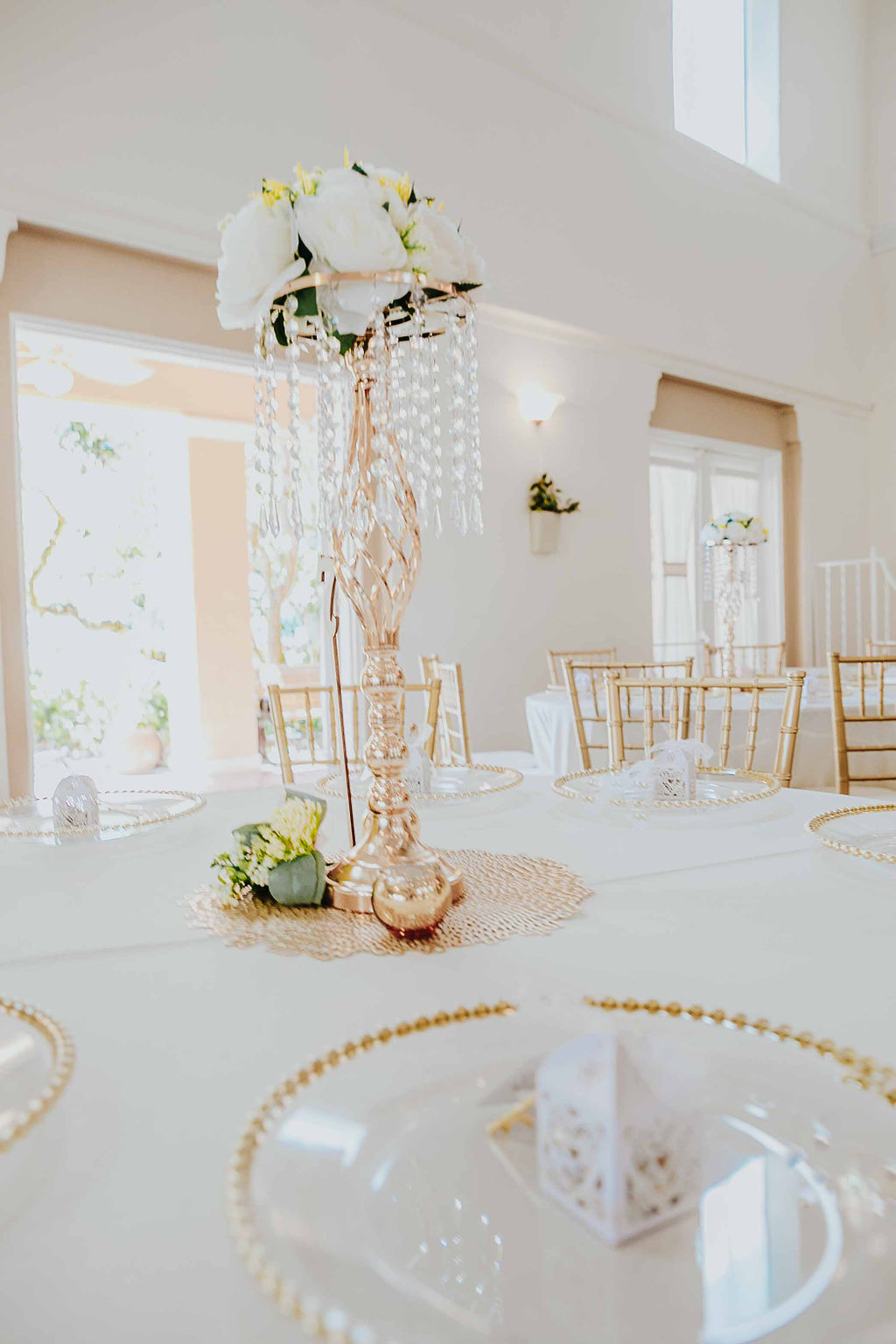 crystal wedding centerpieces at St Pete Woman's Club by Precious Moments Events