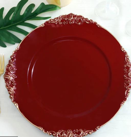 Burgandy Leaf Embossed Baroque With Antique Gold Rim Charger; Precious Moments Events