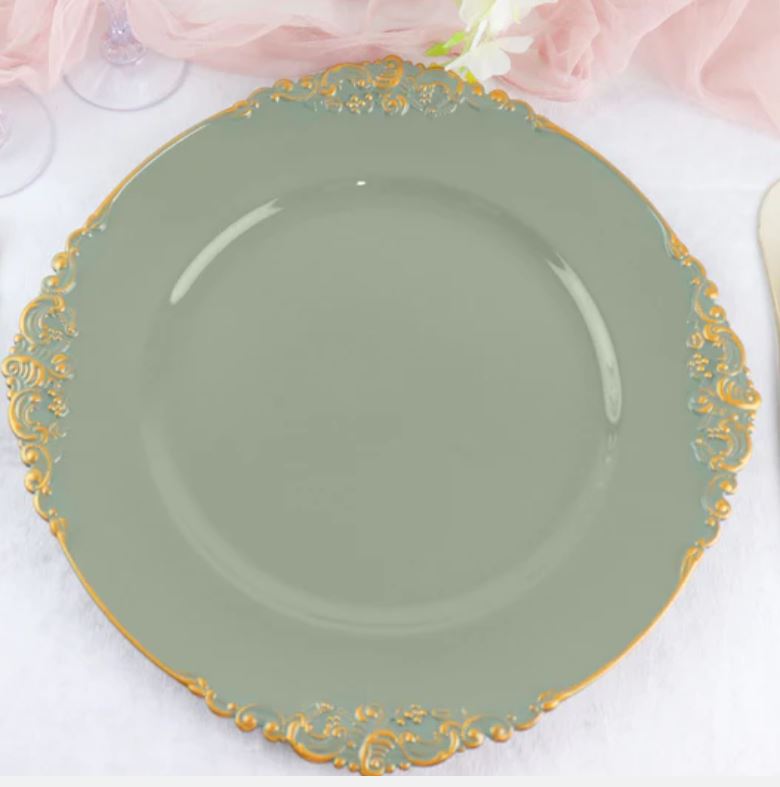 Dusty Sage Leaf Embossed Baroque With Antique Gold Rim Charger ; Precious Moments Events