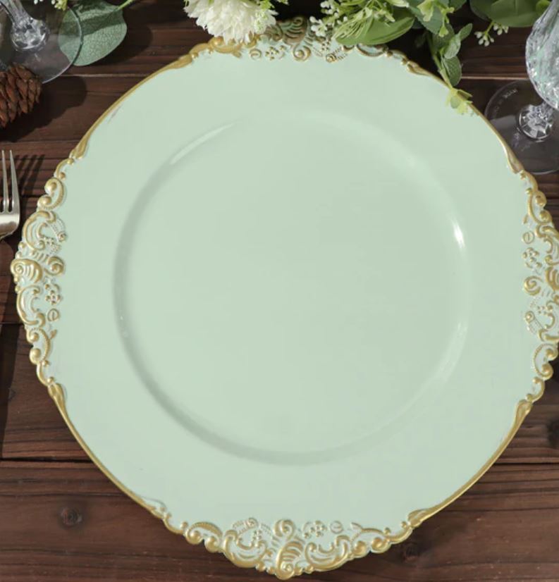 Sage Leaf Embossed Baroque With Antique Gold Rim Charge; Precious Moments Eventsr