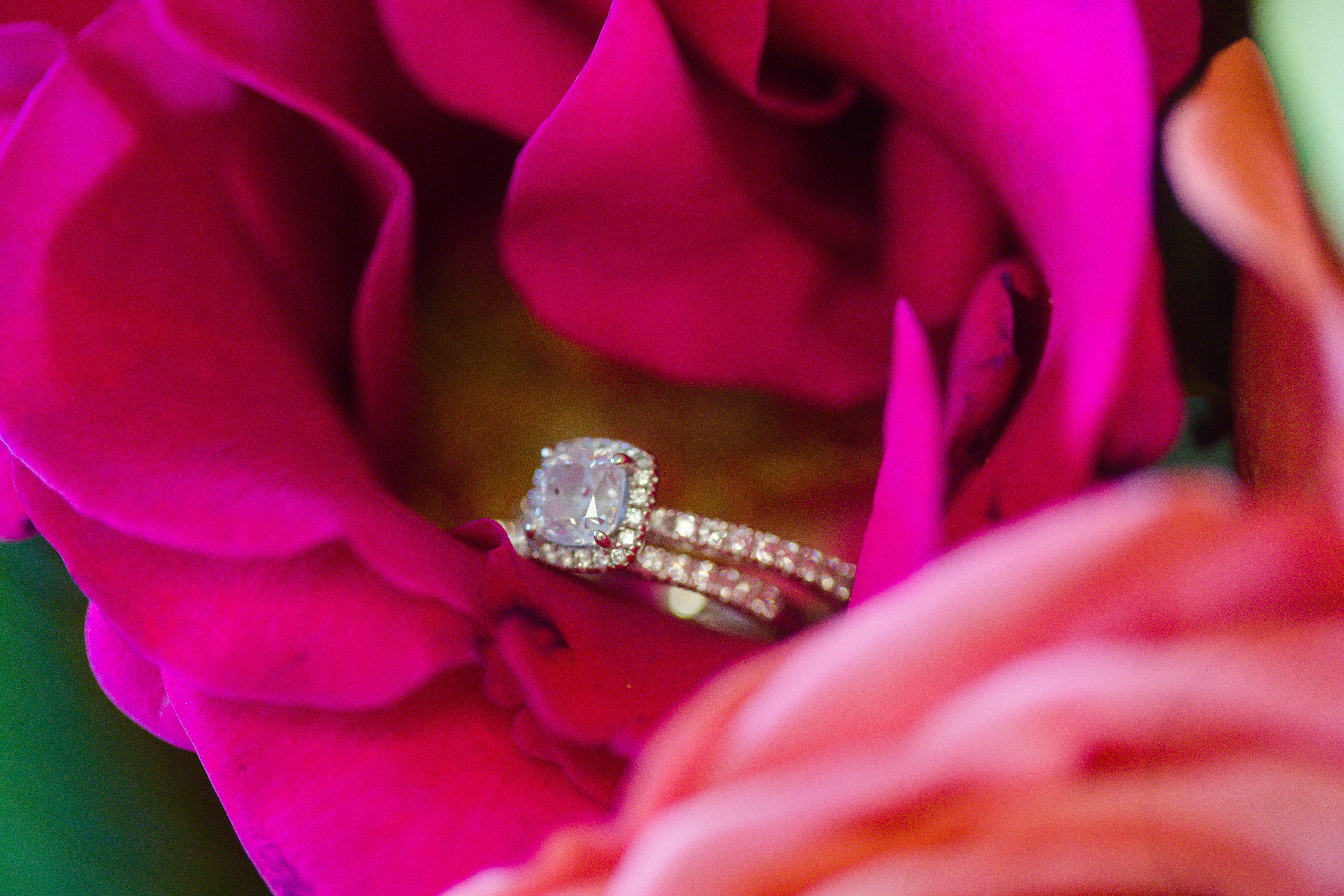 square diamond engagement ring in red roses