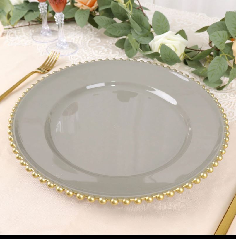 Gray and Gold Beaded Charger--Precious Moments Events Rentals