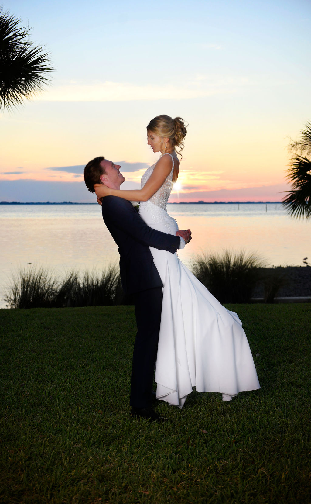 sunset bride and groom portraits at Powel Crosley Estate