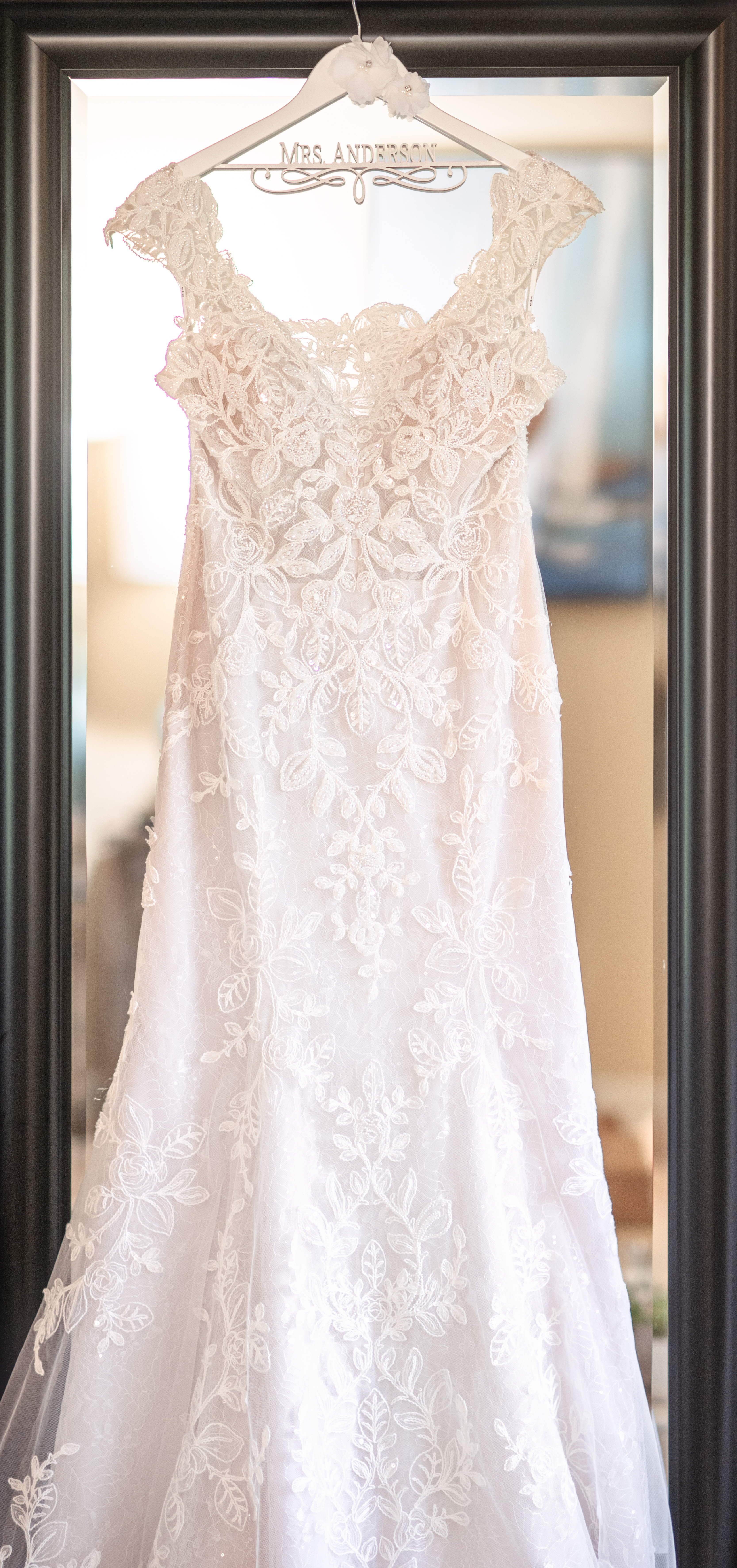 lace wedding gown on custom wedding hanger