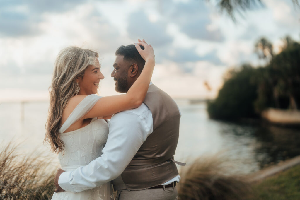 bride and groom portraits on Florida coast at Powel Crosley Estate