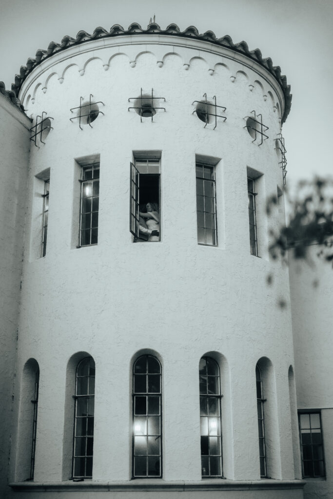 bride and groom in tower at Powel Crosley Estate