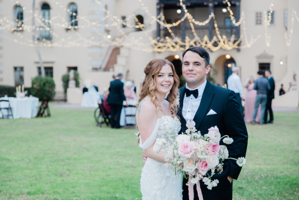 bride and groom at their outdoor wedding reception at Powel Crosley Estate