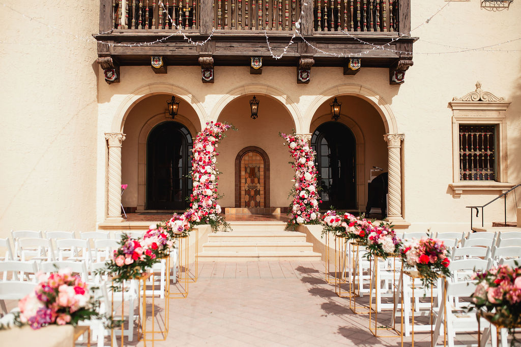 pink and red wedding ceremony at Powel Crosley Estate