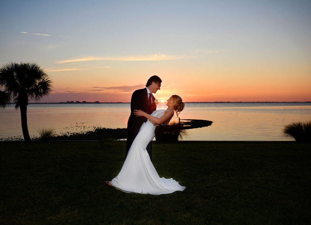 bride and groom sunset portraits at Powel Crosley Estate