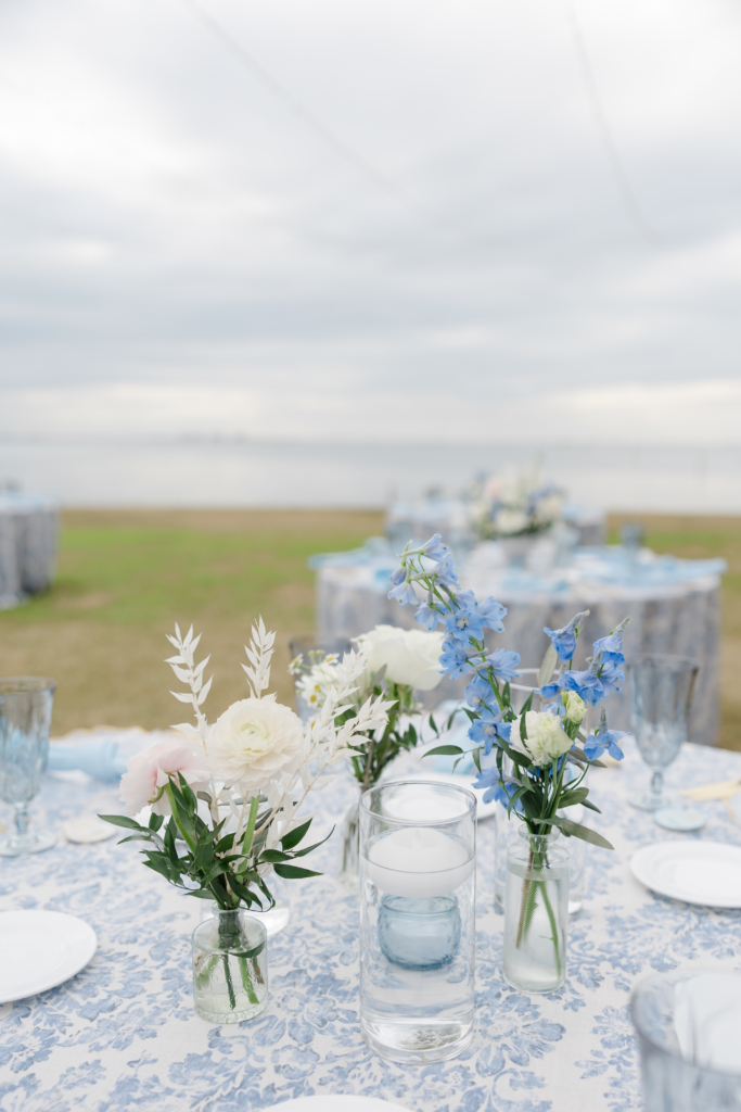 white and blue wedding florals for wedding centerpiece