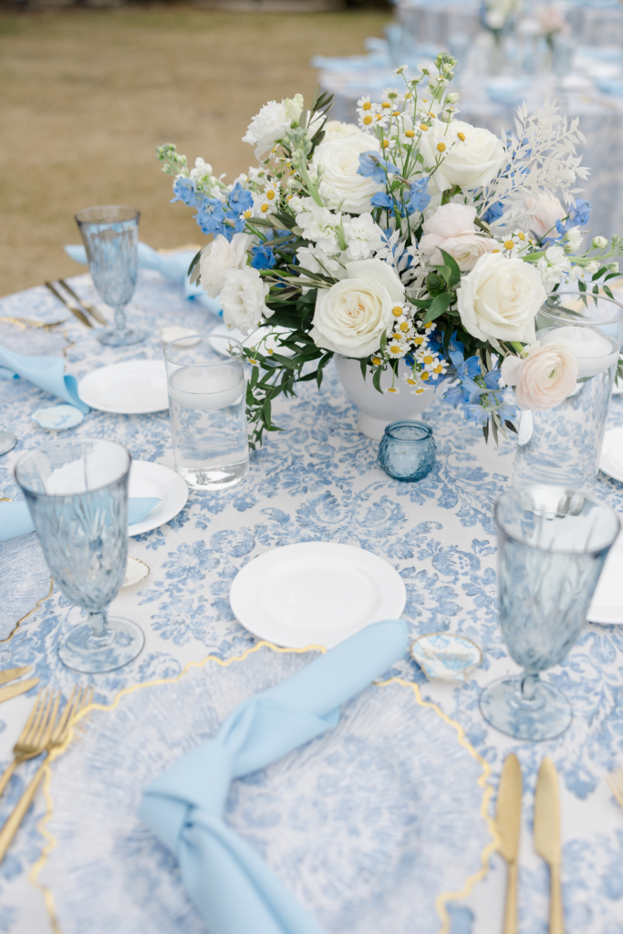 white and blue wedding day details 