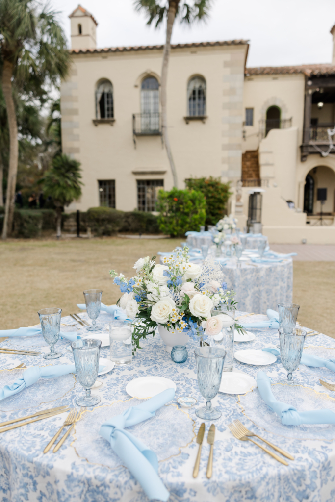 blue and white wedding reception at Powel Crosley Estate designed by Precious Moments Events