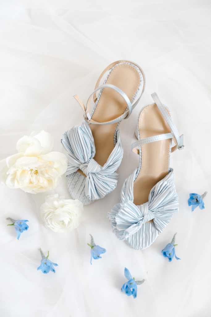 blue shoes with cute bow for wedding day