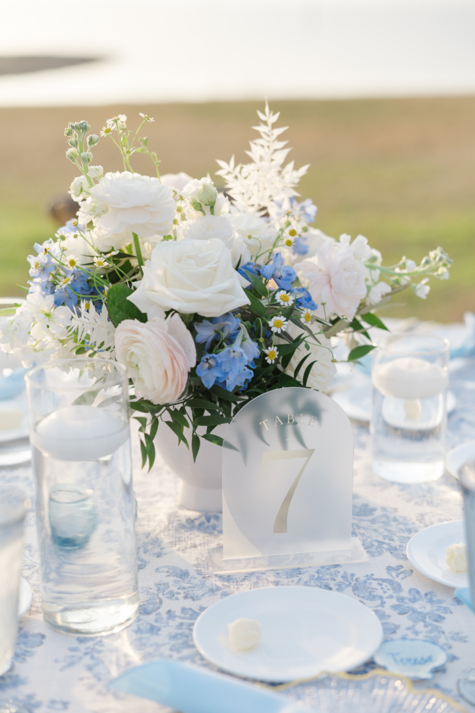 blue and white wedding centerpiece designed by Precious Moments Events