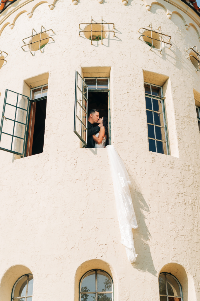 bride and groom in tower at Powel Crosley Estate