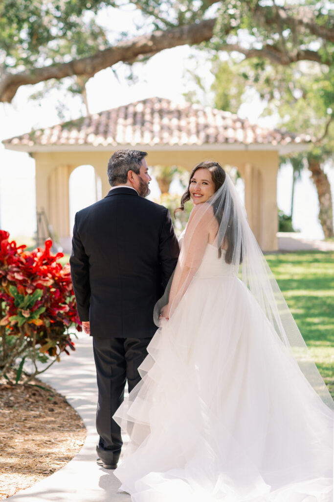 bride and groom in gardens at Powel Crosley Estate