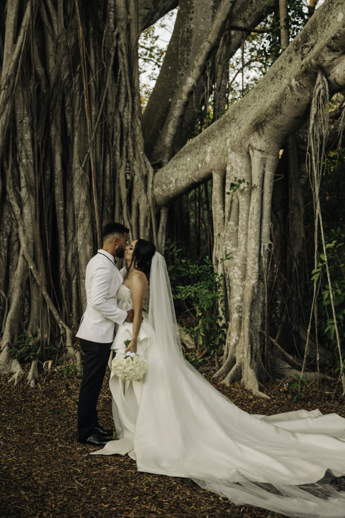 couple portraits under Strangler Fig at Powel Crosley Estate