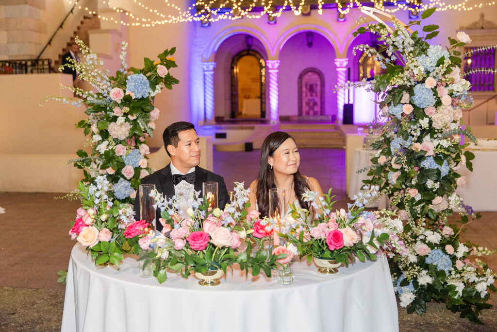 bride and groom at their sweetheart table at Powel Crosley Estate