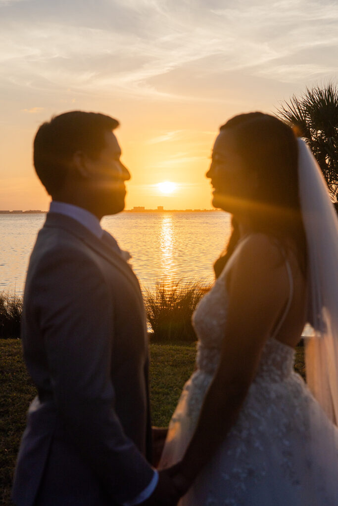 sunset bride and groom portraits at Powel Crosley Estate