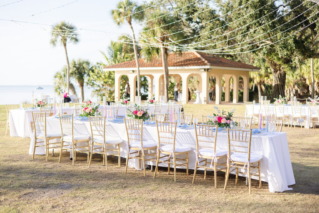 colorful outdoor reception at Powel Crosley Estate by Precious Moments Events