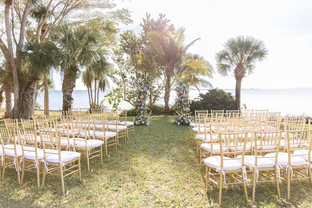 wedding ceremony at Powel Crosley Estate with pink and blue details