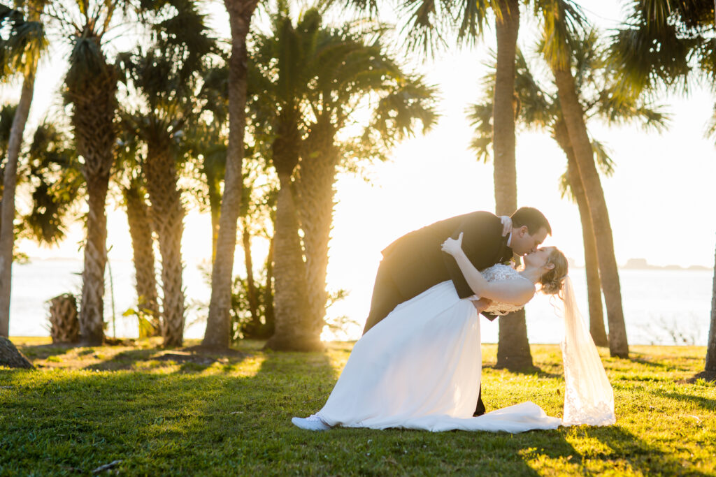 bride and groom sunset portraits at Powel Crosley Estate