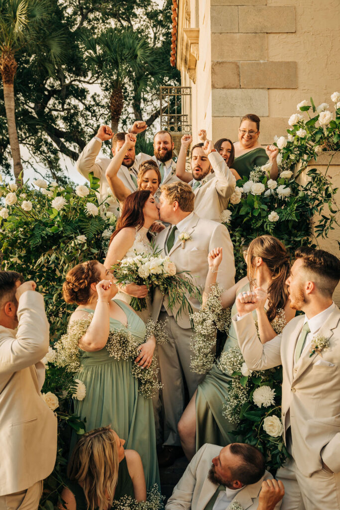 wedding party in shades of green and cream