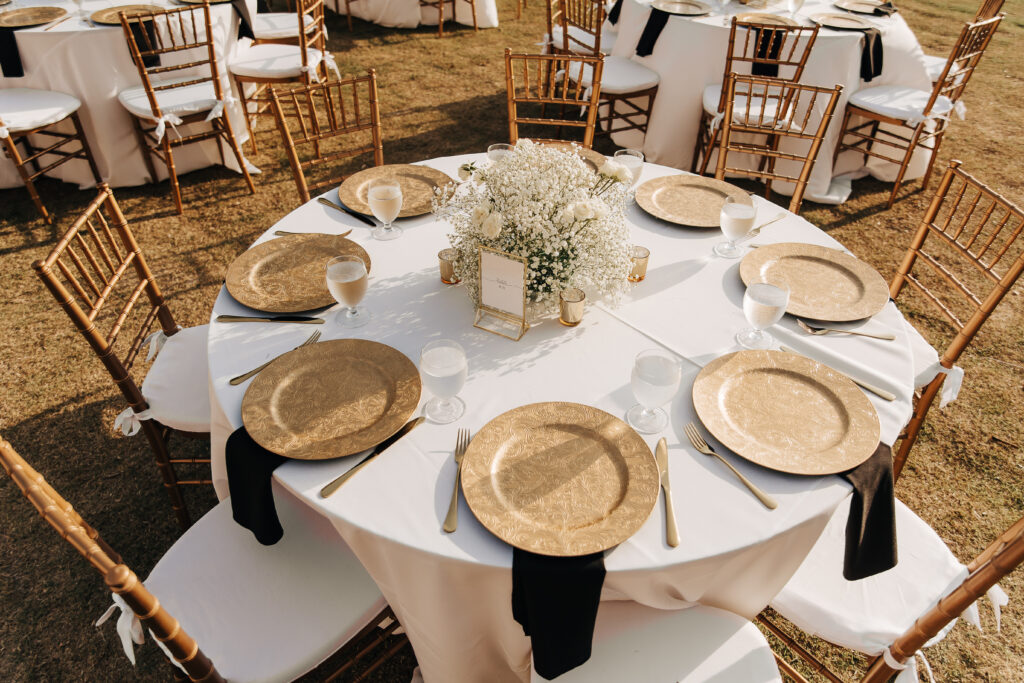 black and gold wedding tablescape by Precious Moments Events