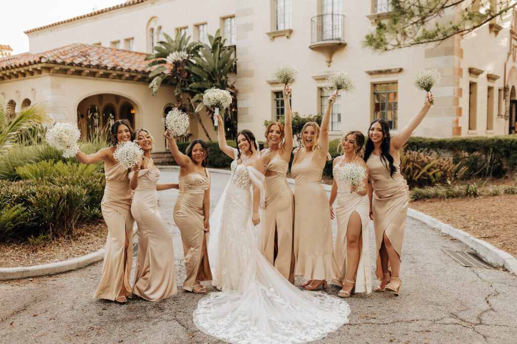 bridesmaids with baby's breath bouquets