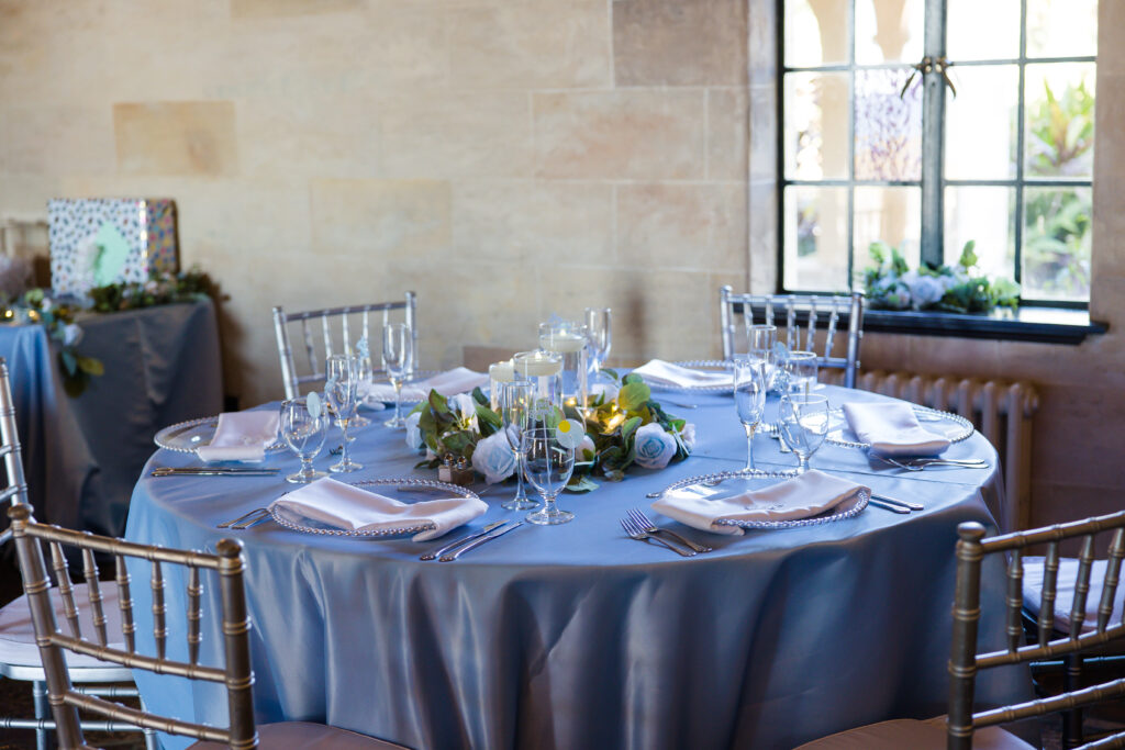 blue and white indoor reception at Powel Crosley Estate