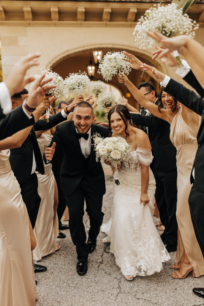 wedding party portraits with black and cream outfits