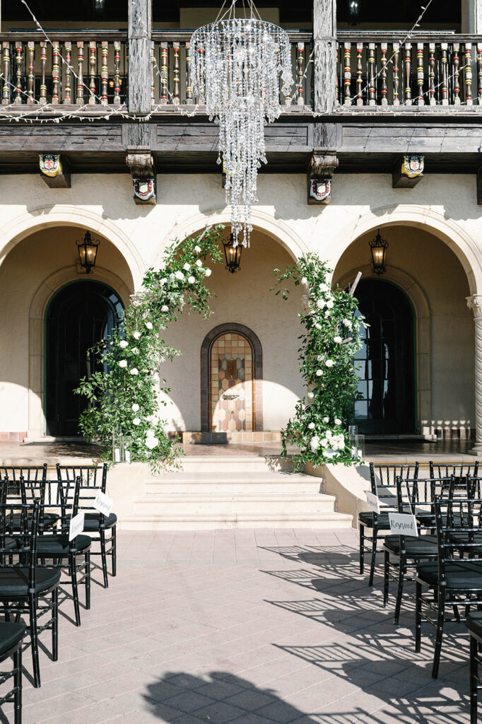 classic black and white outdoor wedding ceremony at Powel Crosley Estate