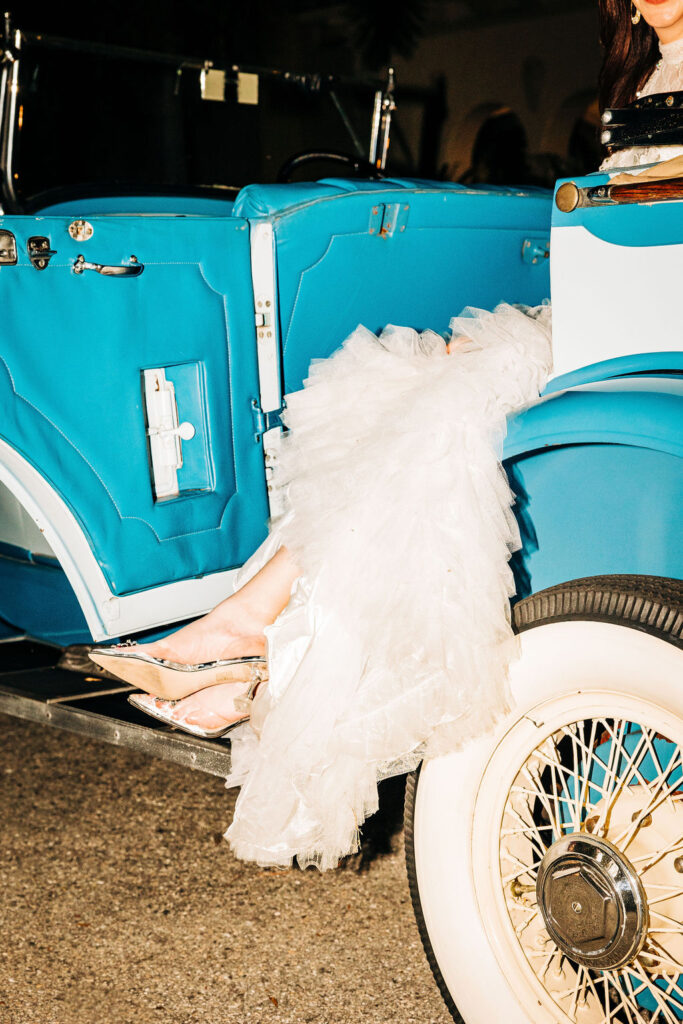 classic blue car at a wedding