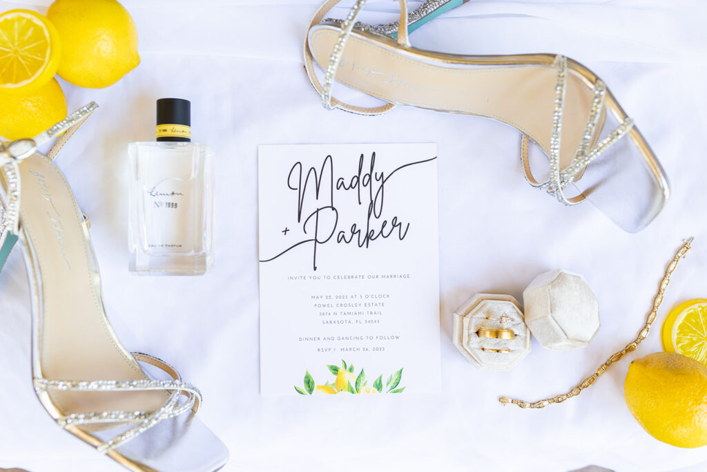 lemon themed wedding stationery flatlay