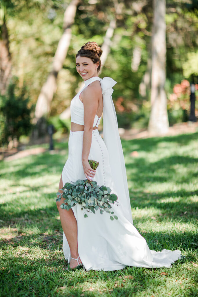 bride in modern two piece wedding gown