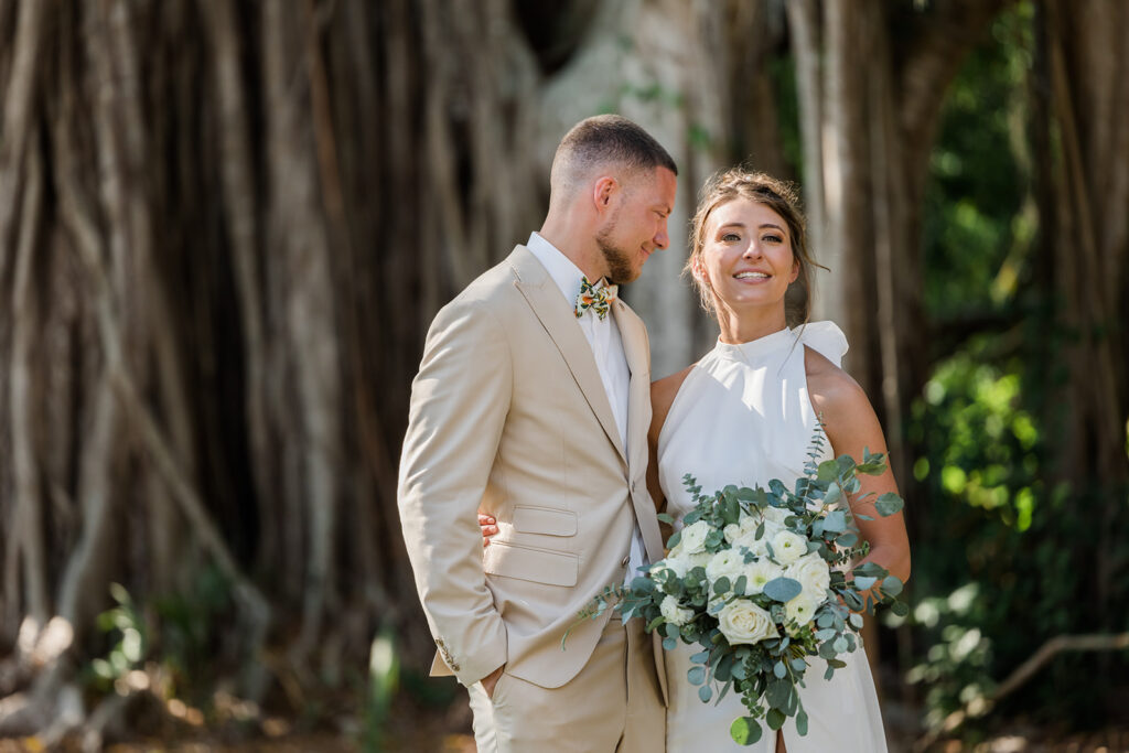 bride with rose and eucalyptus bridal bouquet