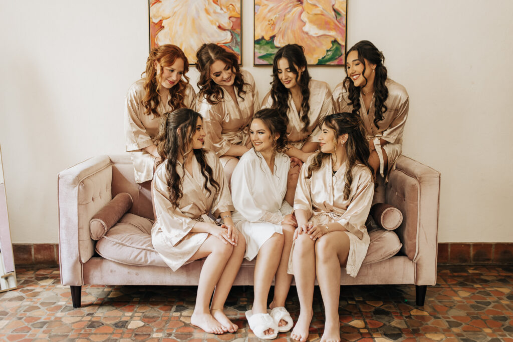 bride and her bridesmaids in silk robes