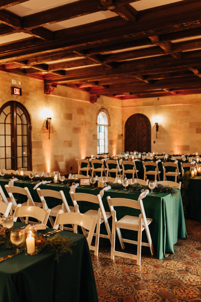 green and white indoor reception at Powel Crosley Estate