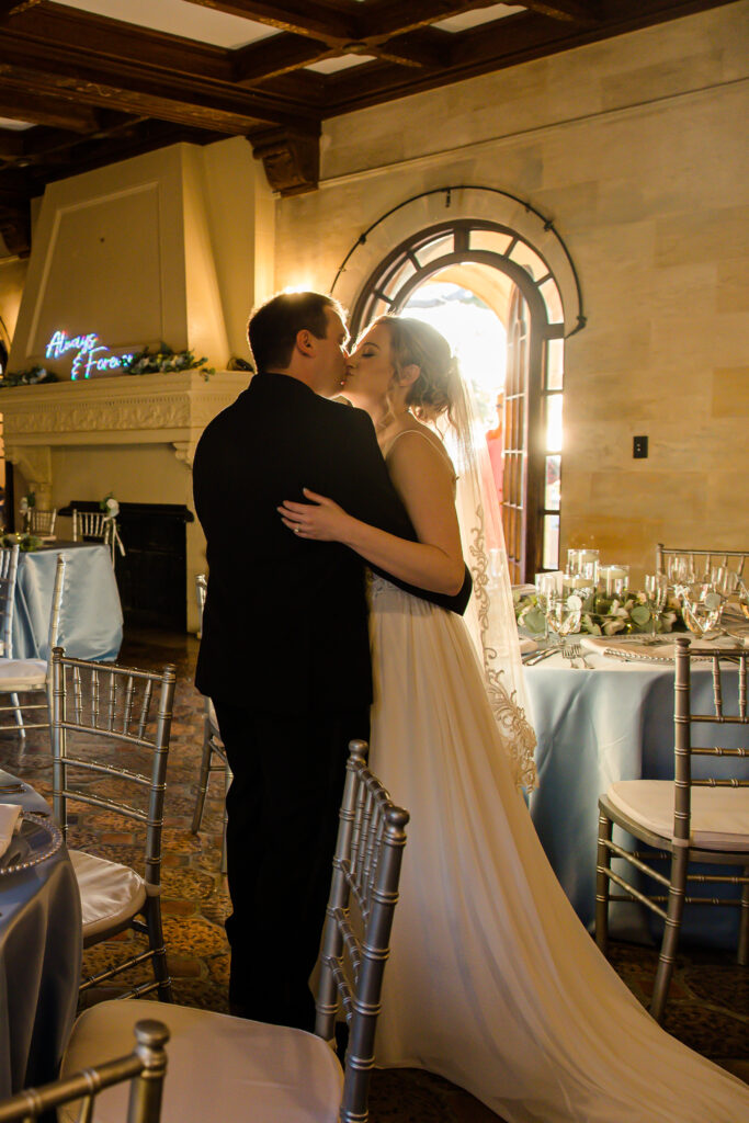 bride and groom at their indoor Powel Crosley Estate wedding reception