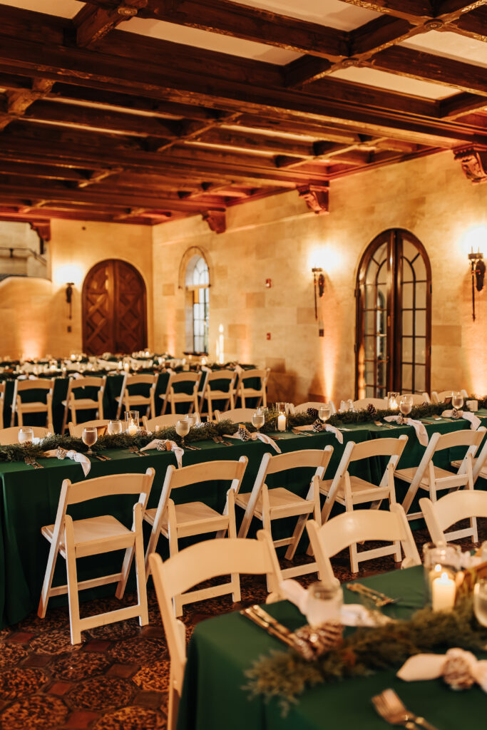 green and white indoor wedding reception at Powel Crosley Estate