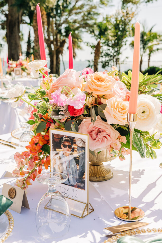 peach, pink, and white centerpiece designed by Precious Moments Events