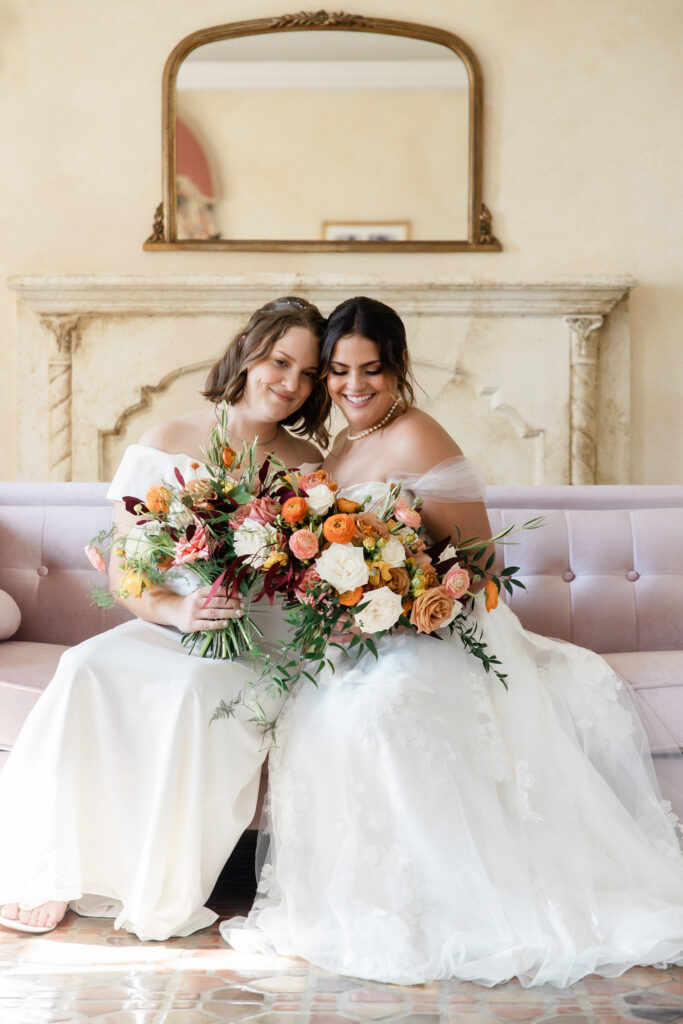 brides with colorful bouquets