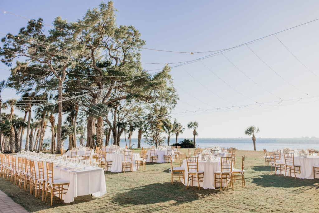 elegant blue and white wedding reception at Powel Crosley Estate