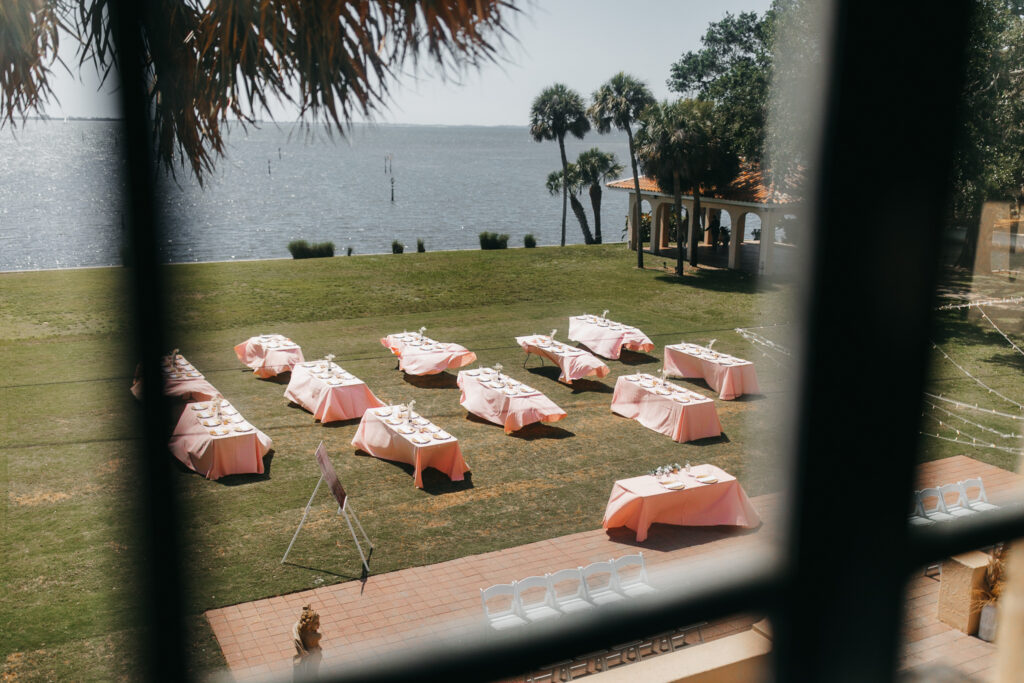 pink outdoor wedding reception at Powel Crosley Estate