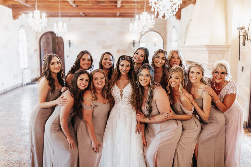 bridesmaids in tan dresses