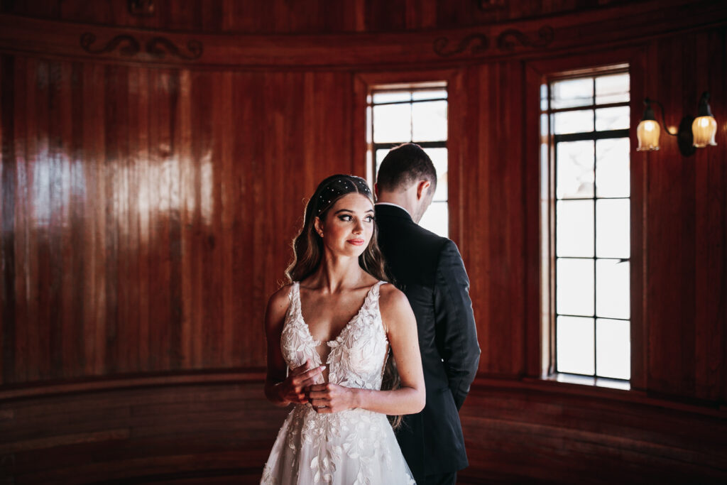 bride and groom first look at Powel Crosley Estate