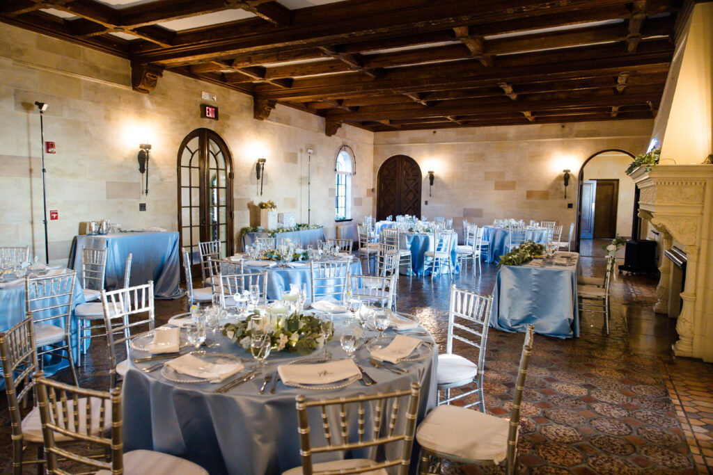 blue and white indoor wedding reception at Powel Crosley Estate by Precious Moments Events