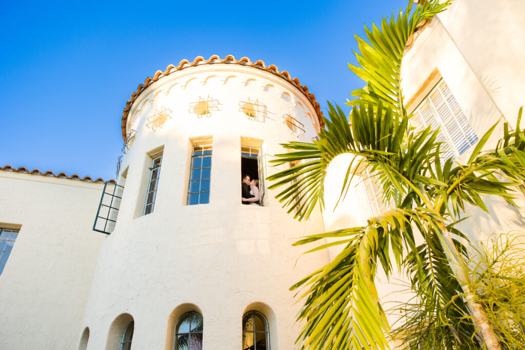 bride and groom at Powel Crosley Estate tower