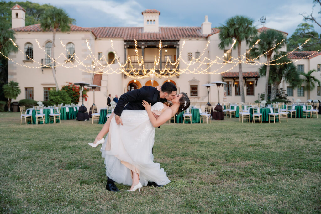 bride and groom at their outdoor wedding reception at Powel Crosley Estate